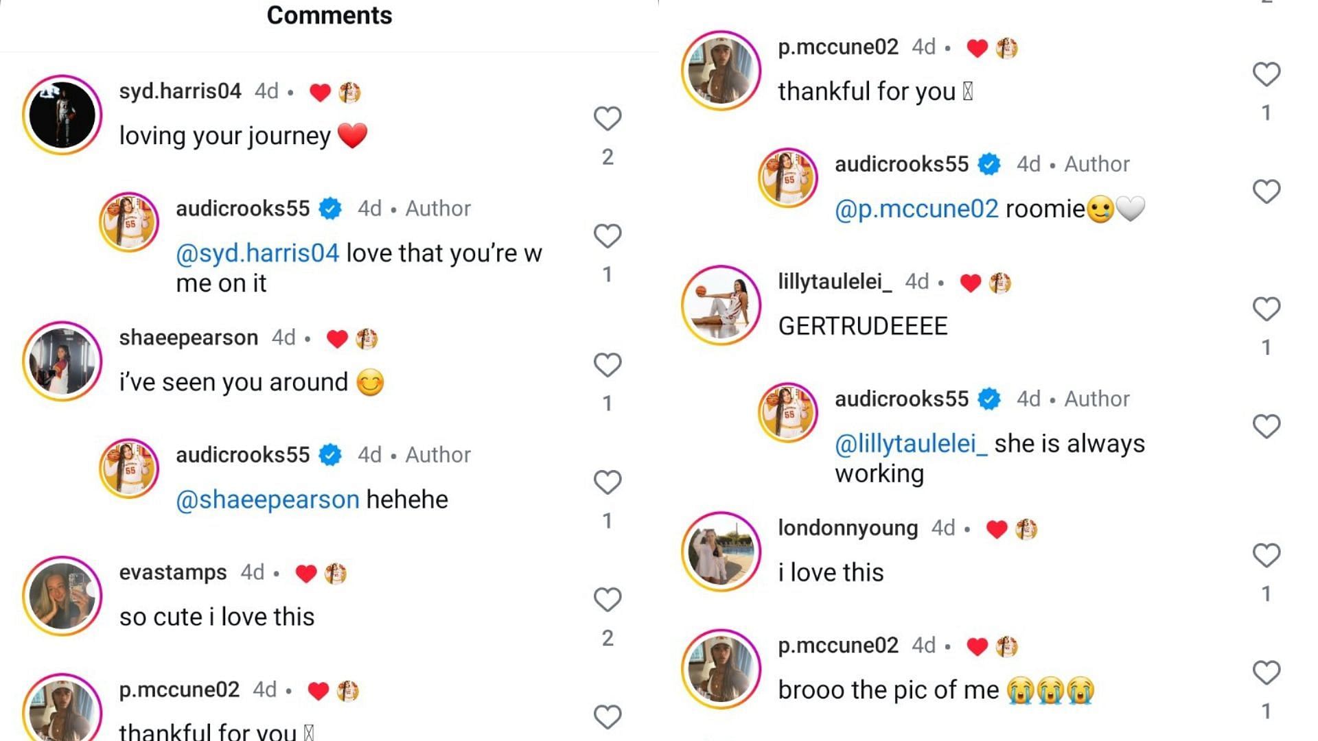 Iowa State athletes reacted to Audi Crooks' Instagram post about her offseason break. Source: Instagram/@audicrooks55